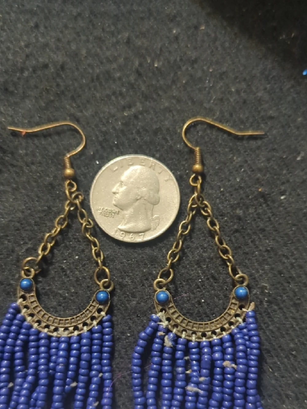Vintage Bronze Tone Red White Blue Beaded Fringe Dangle Statement Earrings